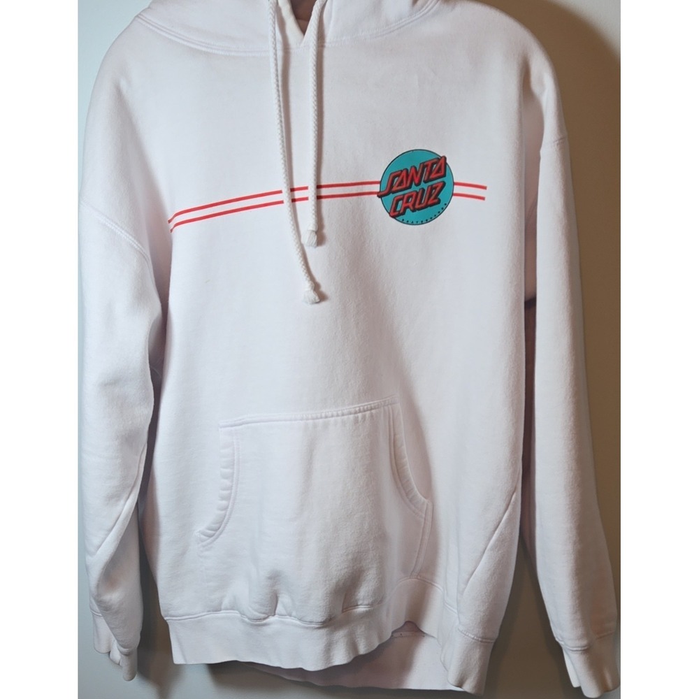 Santa Cruz Fleece Pullover Hoodie White Men's L Hooded Logo Graphic Pocket